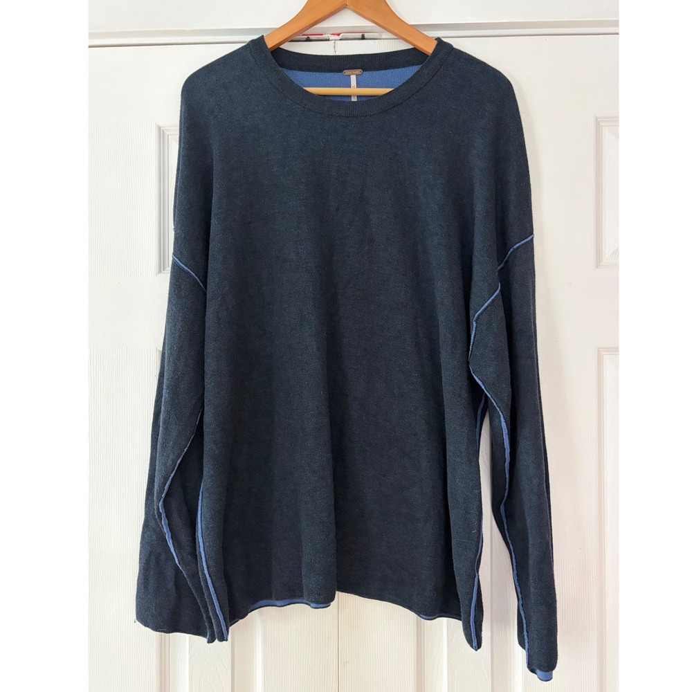Free People Navy‎ Blue Cotton Blend Exposed Seam Oversized Sweater Large